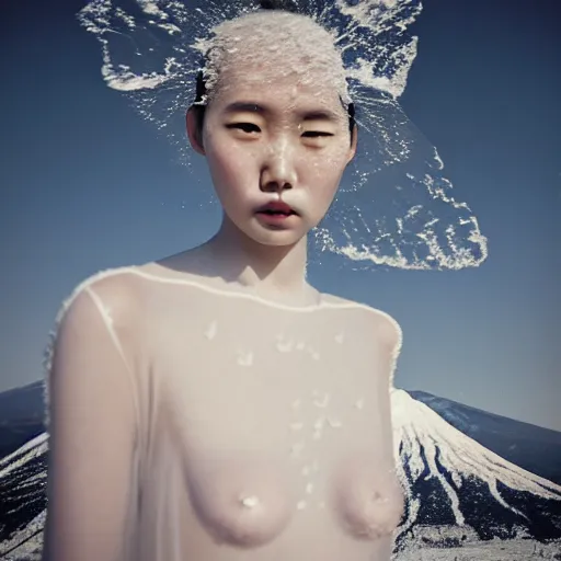 Image similar to a instax photo of fuji mountain, a tall japanese girl in a transparent sheer fabric dress against the background of fuji mountain, perfect faces, fine details, severe snow, full body shot, perfect symmetrical body, coherent symmetrical eyes, rule of thirds, by peter kemp, by monia merlo, hyperrealistic, hyperdetailed, octane render, 8 k