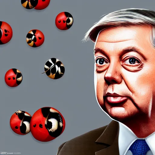 Prompt: one singular portrait of lindsey graham with ladybugs for eyes. highly detailed, digital painting, cinematics, hyper realistic. dark retrowave. by stanley lau, villeneuve, barloe