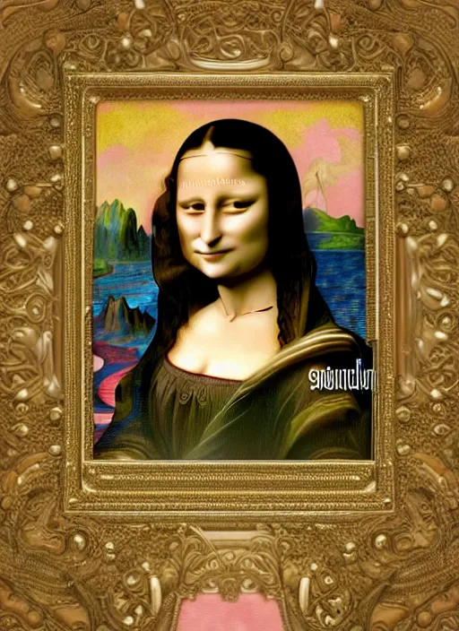 Prompt: Mona Lisa, big red eyes, peaceful expression, fantasy, intricate pink and gold ornate suit, modeling for Dulce and Gabanna, accurately portrayed, portrait art by James Jean and Alphonse mucha, highly detailed, digital painting, concept art, illustration, multiversal paradise shining rgb luxurious lights, trending on artstation, very detailed, smooth, sharp focus, octane render, close up