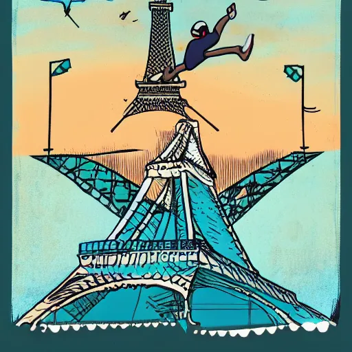 Prompt: free willy jumping over the Eiffel tower. Illustration, dystopian style, inked and colored.