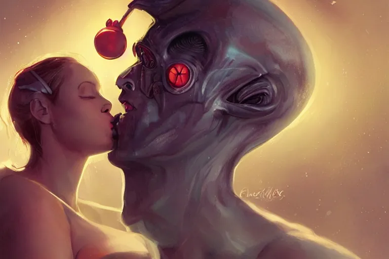 Image similar to an alien woman kisses a man by charlie bowater, sci - fi, color vibe, reimagined by industrial light and magic