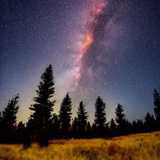 Prompt: silhouettes of pine trees in front of Milky Way galaxy, beautiful nature photography, Astrophotography, award winning