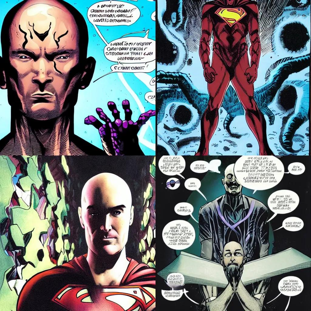 Prompt: An illustration of Grant Morrison being mind controlled by darkness itself to write a comic. DC Comics. Multiversity. Eldritch. Lovecraftian.