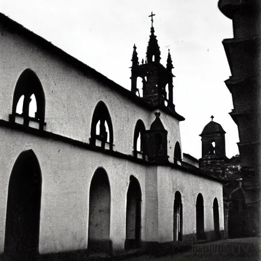 Prompt: a black and white photo of an old cathedral, a colorized photo by john thomson of duddingston, cg society, quito school, 1 9 7 0 s, 1 9 2 0 s, 1 9 9 0 s