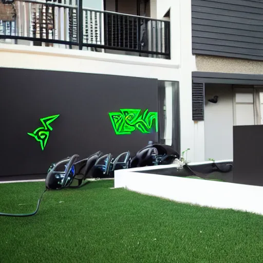 Prompt: Gaming house made by Razer, Alienware, water cooled