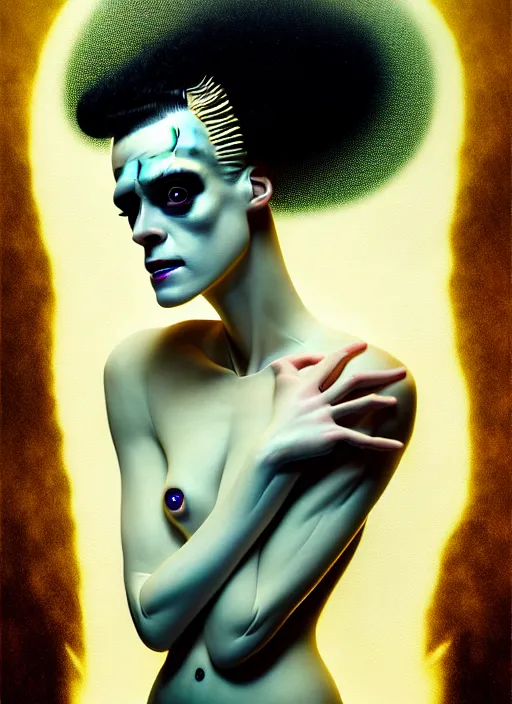 Image similar to portrait of kristen mcmenamy as a futuristic bride of frankenstein, kintsugi, modern fine art, fractal, intricate, elegant, highly detailed, digital photography, subsurface scattering, by jheronimus bosch and greg rutkowski,