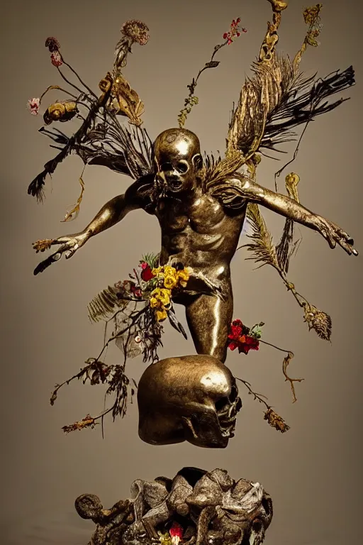 Image similar to Jean-Michel Basquiat as a bronze full-body statue of Icarus in the position of spreading his arms like a bird , glowing quartz crystal skull, wreath of ferns, flowing sakura-colored silk, fabric, flowers. baroque elements, human skull. full-length view. baroque element. intricate artwork by caravaggio. many many birds birds on background. Trending on artstation. halo. octane render, cinematic, hyper realism, octane render, 8k, depth of field, 3D