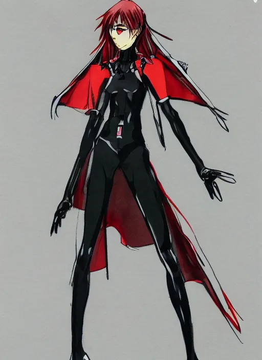 Prompt: a yoji shinkawa sketch of a slim girl with long legs and hair wearing an evangelion pilot outfit and a long black coat inspired by a japanese kimono