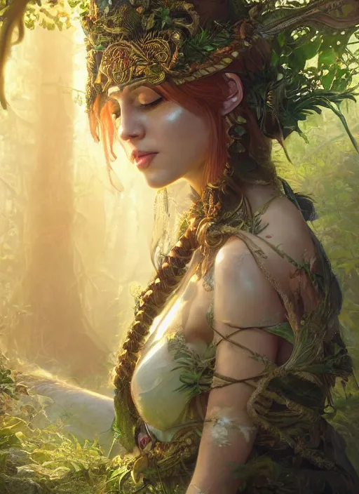 Image similar to Beautiful art portrait of a female fantasy priestess in a bright temple surrounded by lush forest, atmospheric lighting, intricate detail, cgsociety, hyperrealistic, octane render, RPG portrait, ambient light, dynamic lighting