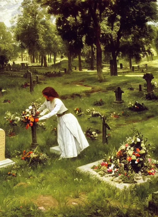 Prompt: artwork painting of a lush environment, a woman is laying flowers by a grave tombstone by eugene von guerard, ivan shishkin, john singer sargent