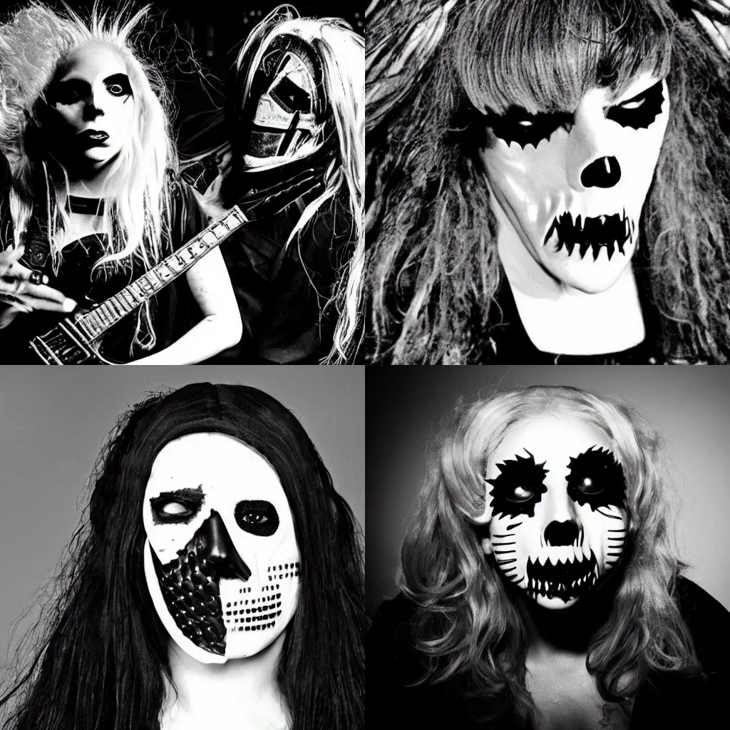 Prompt: lady gaga as a member of slipknot, black and white band photography