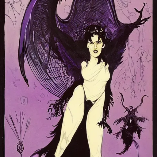 Image similar to young jennifer connelly as odile, gothic dark fae disney villain with black feathers instead of hair, wearing black and purple jumpsuit, zero g, reading a book, feathers growing out of skin, pulp sci fi, mike mignola, david mack, romantic, comic book cover, vivid, beautiful, illustration, highly detailed, oil painting