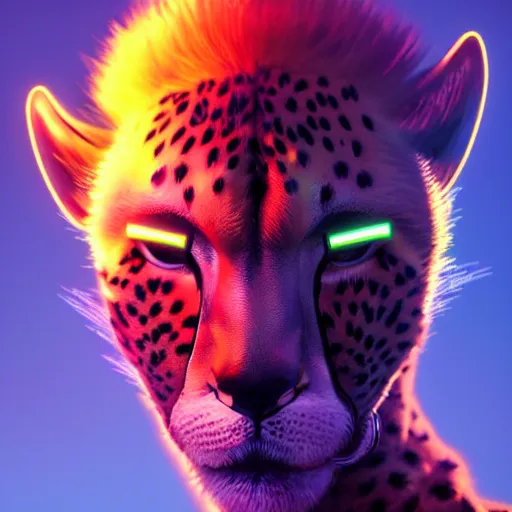 Image similar to a beautiful commission of a male anthropomorphic cheetah wearing a neon jacket,futuristic,detailed face,mohawk,cyberpunk style,deviantart,artstation,art by greg rutkowski,ross tran,professional lighting,neon city,night,raytracing,rtx,highly realistic,4k,dramatic,hyperrealism