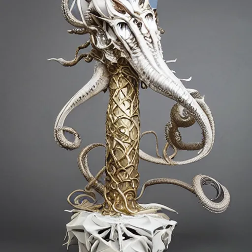 Image similar to angelarium, illithid, cthulhu, white with gold accents, sculpture by ellen jewett