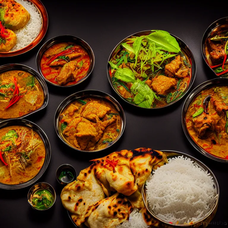 Prompt: close - up focused dslr photograph of an nepalese dinner, 8 k, high detail, volumetric lighting, hyperrealism, aesthetically pleasing, studio lighting, trending