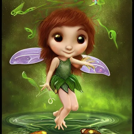 Prompt: tiny mischievous forest fairy spirit darts through the air over a frog pond at night. she is small, like tinker bell. the spirit a cute chibi dryad. magic swirls in the air. the spirit grins with glee. the frogs are large and croak loudly by the lilypads. by kevin walker, by greg staples, by daarken, by terese nielsen,