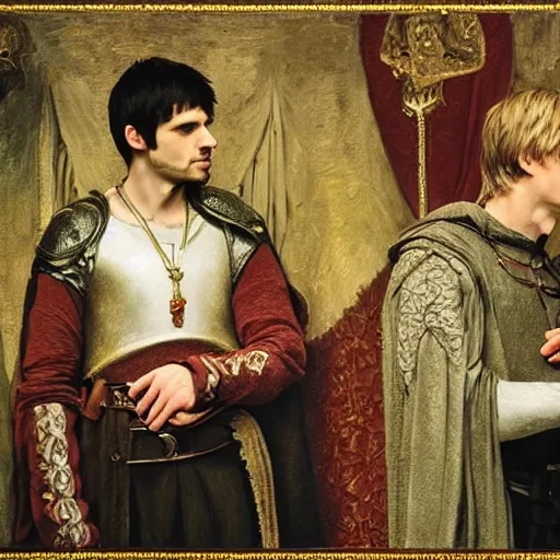 Prompt: bradley james as arthur and colin morgan as merlin are in camelot, the castle, in the throne room, happy. gay male couple. ; high - detailed oil painting by igor sychev, ilya repin, caravaggio, william blake, alex grey, thomas eakins and beksinski trending on artstation, masterpiece, 4 k