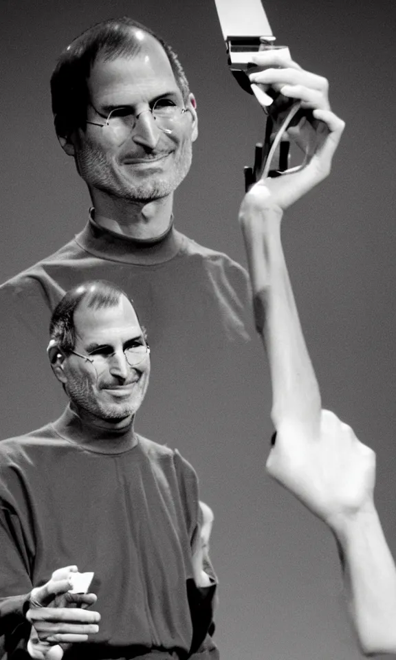 Prompt: steve jobs revealing their new hand saw at a keynote, press photo