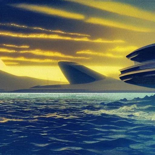 Image similar to golden shores of a blue dreamy ocean, sci - fi, daylight, blue sky, cinematic lighting, cinematic perspective, syd mead, john harris