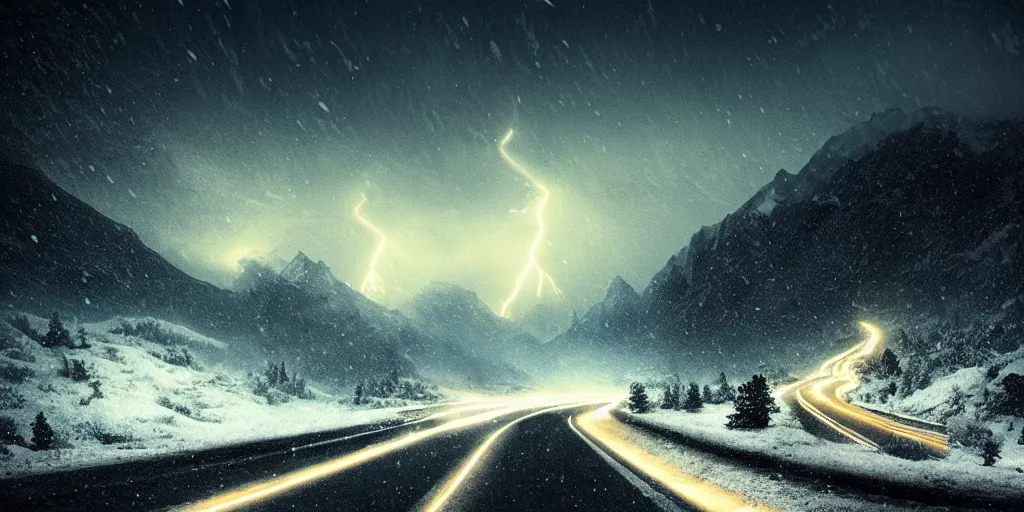 Image similar to snowy mountain road at night, lightning sky lit up with cosmic radiation, style of greg rutkowski, ominous creatures on the road, 8 k resolution, highly detailed illustration,