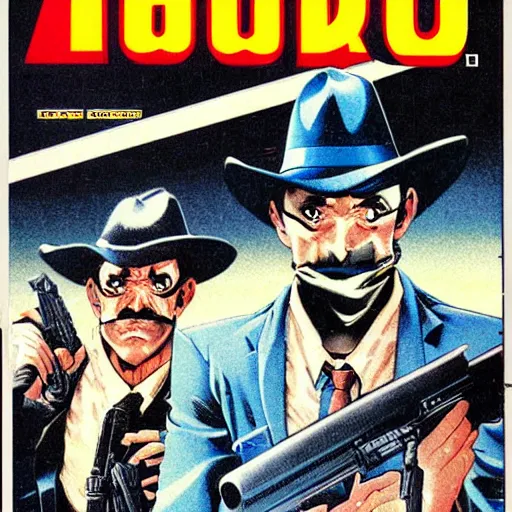 Prompt: 1979 OMNI Magazine Cover bank robbers, Bank Robbery Movie, Anime, Highly Detailed, Inspired by Golgo 13 + Lupin the 3rd , 8k :4 by Vincent Di Fate : 8