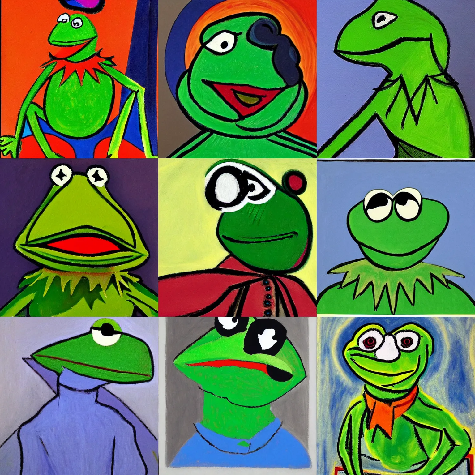 Prompt: A portrait of Kermit the Frog painted by Pablo Picasso