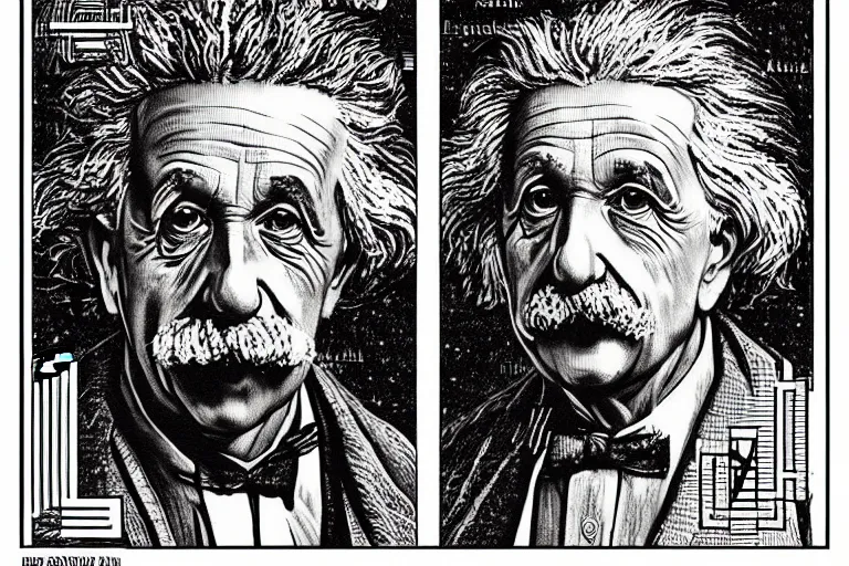 Image similar to an engraved portrait of albert einstein surrounded by intricate equations of theory of relativity, detailed!!! duotone engraving in the style of a postage stamp, freemason symbol, fine!!! lines, engraved by m. c. escher