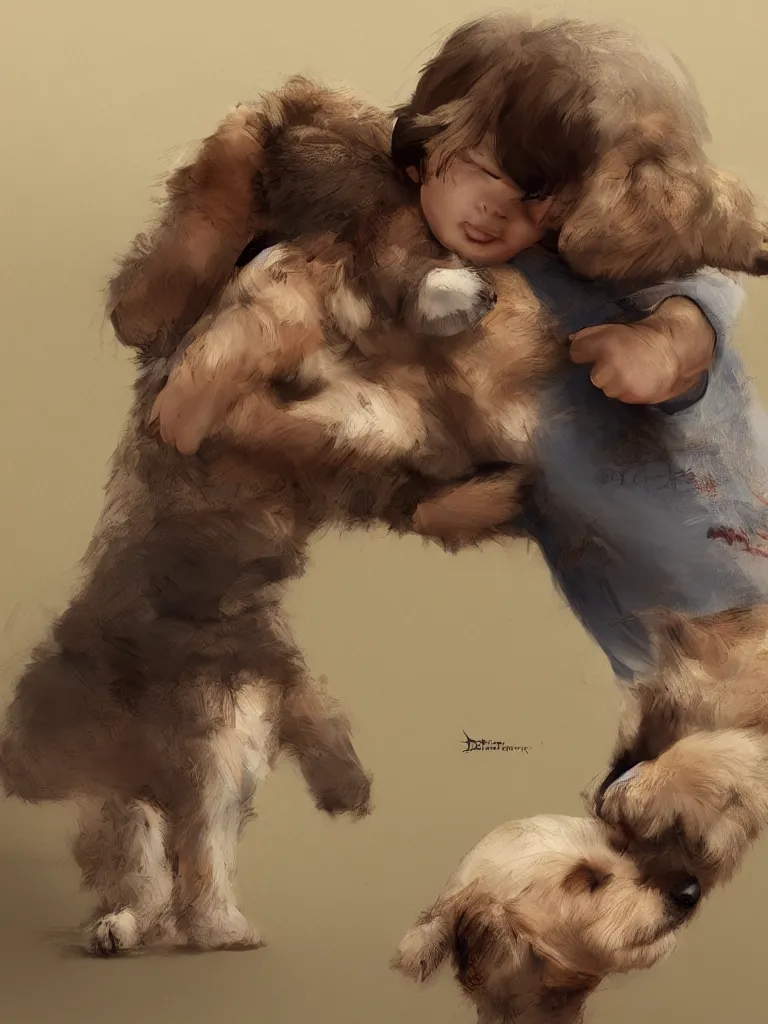 Image similar to boy hugging puppy by disney concept artists, blunt borders, rule of thirds