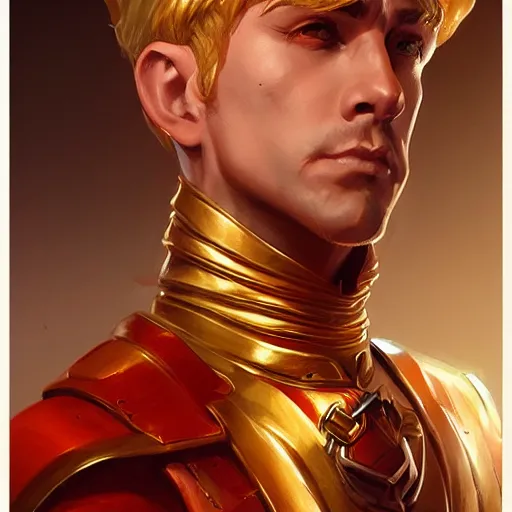 Image similar to male artificer, arrogant, D&D, fantasy, portrait, highly detailed, digital painting, artstation, concept art, sharp focus, illustration, art by artgerm and greg rutkowski and magali villeneuve, red white and gold color scheme
