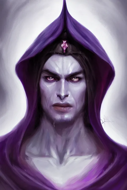 Prompt: male djinn man demon hybrid, portrait, concept art, purple cloak, single face, illustration, costume design, white spiral horns, editorial photo, fashion, hyperrealism, realism, trending on artstation, Charlie Bowater, WLOP