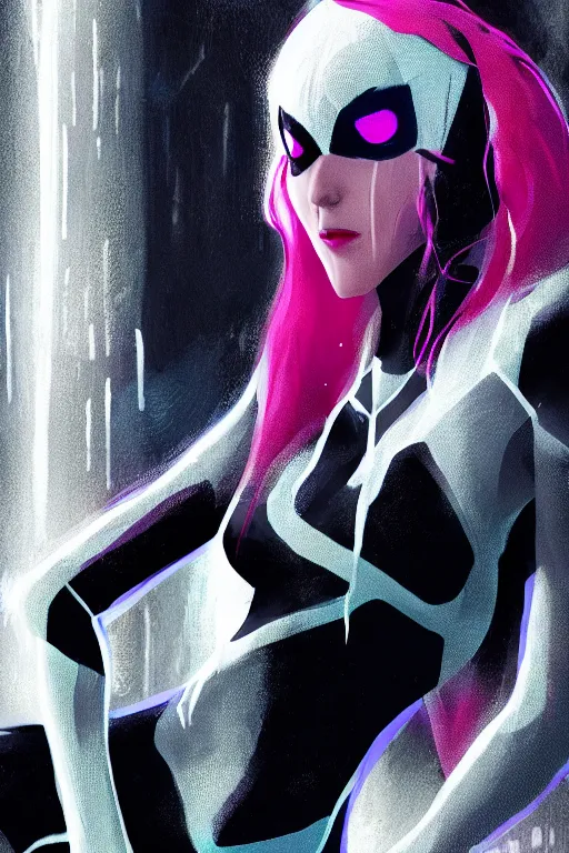 Image similar to a portrait of spider gwen in the style of cyberpunk,, single head, no double head,