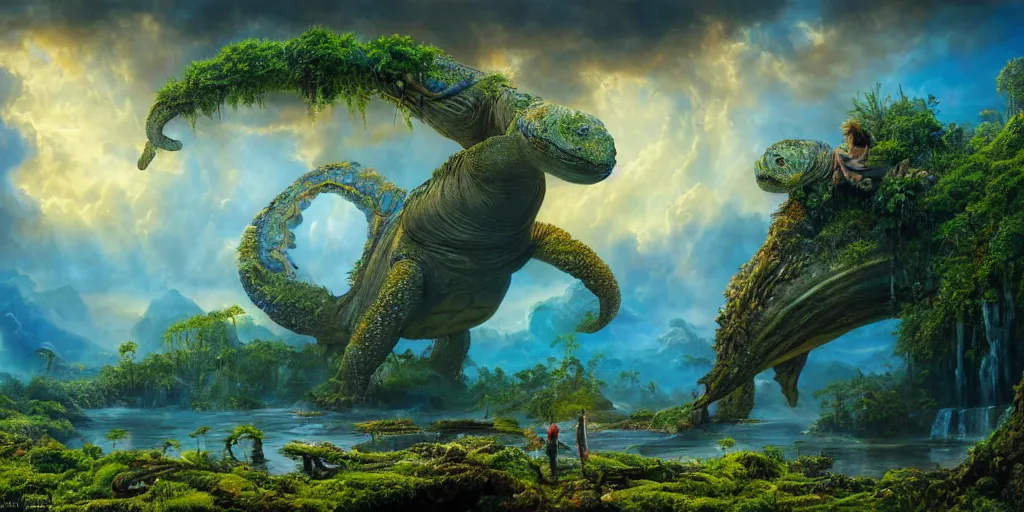 Image similar to fantasy oil painting, great leviathan, turtle cephalopod terrapin reptilian pachyderm amphibian hybrid, rainforest mountains, lush plants flowers, epic natural light, bright clouds, luminous sky, outer worlds, cinematic lighting, michael whelan, michael cheval, vray, 8 k hd