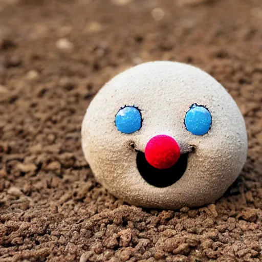 Image similar to photo of a small round creature made of dirt with round blue eyes and a round clown nose and a cute smile