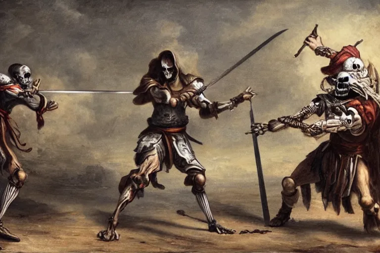 Image similar to man dueling a skeleton warrior with a sword