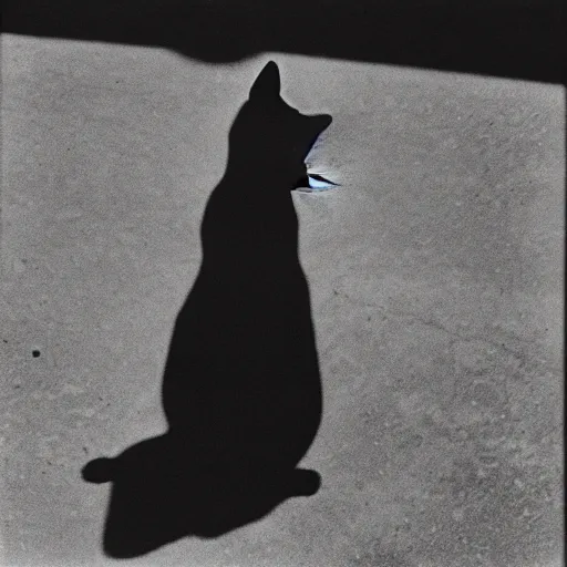 Prompt: medium of a sharp shadow!! of a cat!! only shadow on the wall in the street, colours, polaroid photo, by andy warhol