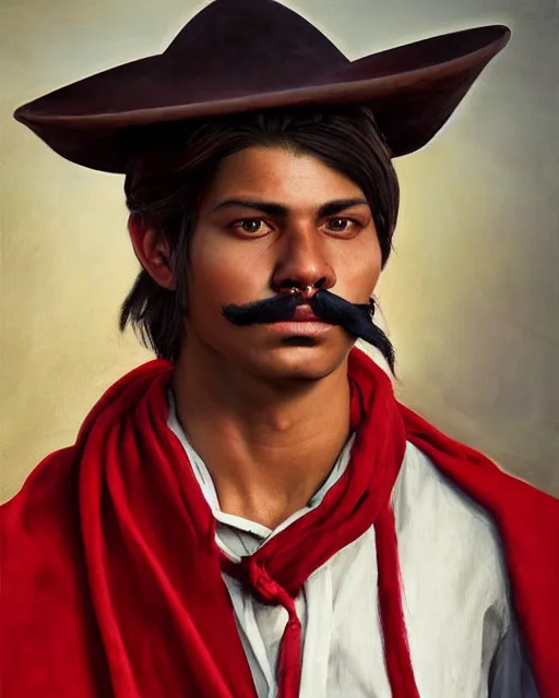 Prompt: portrait of a handsome young gaucho warrior, with a red scarf, long moustache, white shirt, art by denys tsiperko and bogdan rezunenko and gengoroh tagame, hyperrealism, fantasy art