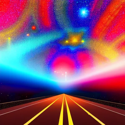 Prompt: interior of cosmic highway created by the gods, beautiful colors, bold architecture, detailed, 4 k