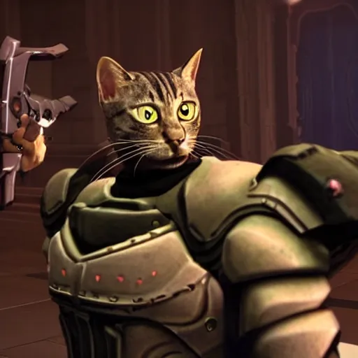 Image similar to epic shot of cat doomslayer with cat head, cinematic