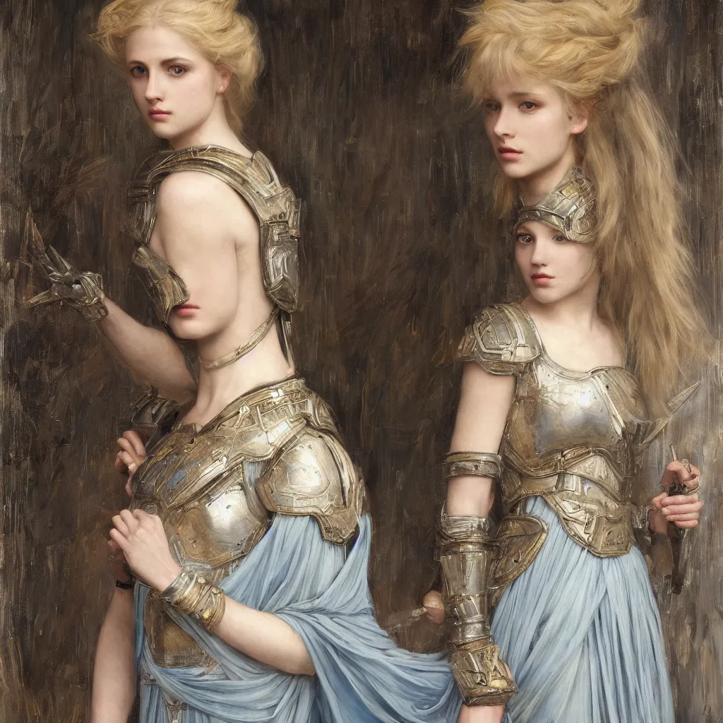 Image similar to armored beautiful pale platinum - blonde young woman with light blue eyes, soft gaze, a golden round halo around her head, wearing a fine decorated silver breastplate, painted by john william waterhouse : : 0. 5, epic fantasy, masterpiece, portrait, fine art, digital art, detailed, ultra - hd, cinematic, volumetric, intricate
