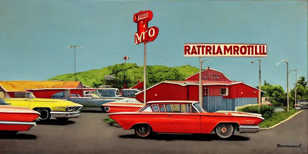 Prompt: 1 9 6 0 s americana painting of a motel and motel sign with cars parked outside by norman rockwell