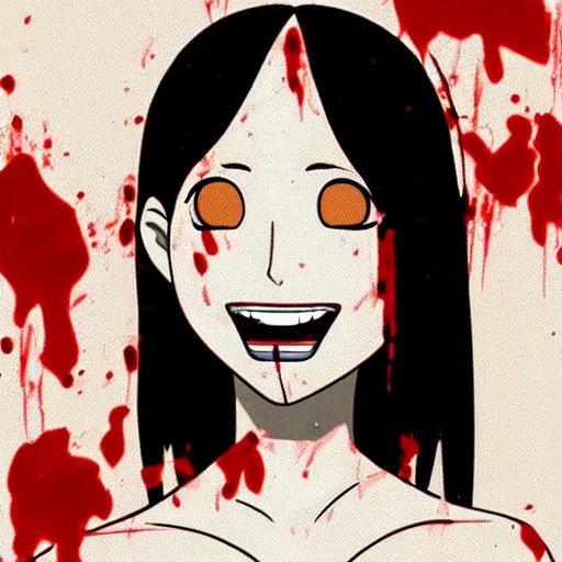 Prompt: a beautiful woman covered in blood smiling at the camera. Anime in the style of hisao shirai and Satoshi Kon. In the style of perfect blue