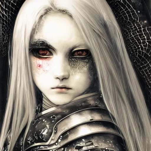 Image similar to Yoshitaka Amano realistic illustration of an anime girl with wavy white hair, black eyes and cracks on her face wearing Elden ring armour with the cape fluttering in the wind, abstract black and white patterns on the background, noisy film grain effect, highly detailed, Renaissance oil painting, weird portrait angle