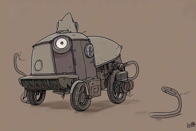 Prompt: a study of a cell shaded cartoon of a grey mechanized snake from howl's moving castle ( 2 0 0 4 ), on a desert road, full body, wide shot, very muted colors, post grunge, studio ghibli, laurie greasley, highly detailed, deviantart, art by artgem