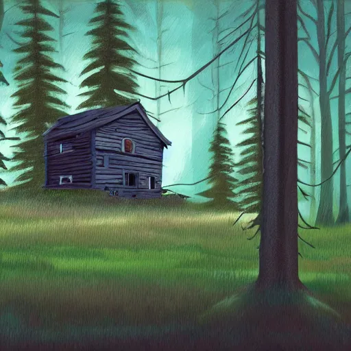 Prompt: a painting of a eerie cabin in the middle of the woods in the style of digital art