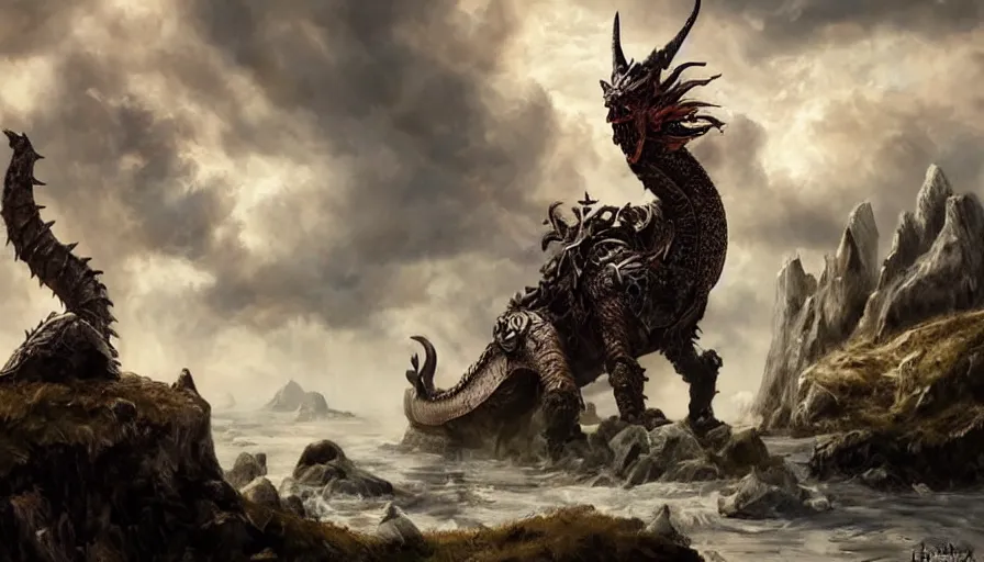 Prompt: viking seven headed dragon in a nordic landscape under bright daylight with fluffy clouds, set in the world of Guildwars2, painted by Hans Fredrik Gude, Greg Rutkowksi and Artgerm, concept art 2022, ultra realistic masterpiece, contrasting details vs blank areas, oil on canvas