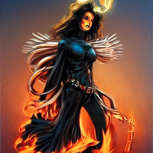 Image similar to painting in style of michael whelan, the super hot, dark angel of coffee