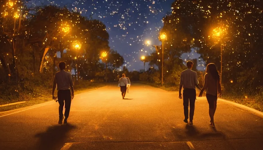 Image similar to couple walking down the street surrounded by fireflies, cinematic lighting, wow, establishing shot