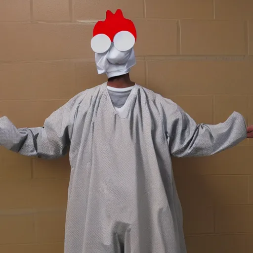 Image similar to chicken wearing inmate suit