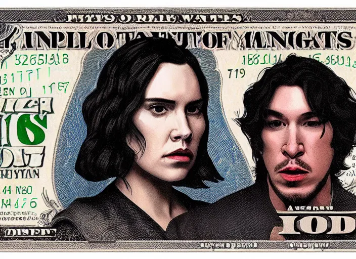 Image similar to reylo kissing, american dollar bill, rey and kylo ren