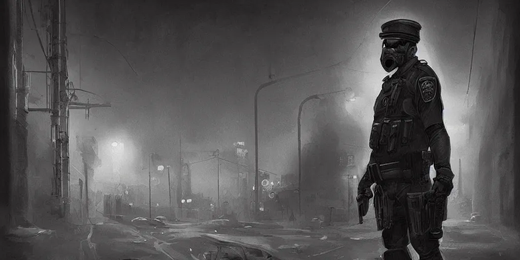 Prompt: gritty illustration of street cop on an industrial planet, dark light, style of Patryk Hardziej, trending on Artstation,